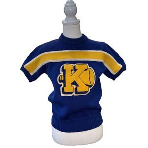 Vintage 70s Collegiate Cheerleader Varsity Wool Sweater Blue Yellow Stripe K USA
